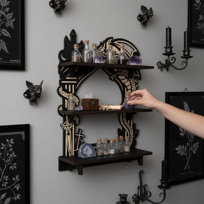 FNYDOX Wooden Dragon Shelf, Gothic Trinket & Knick Knack Shelves, Witchy Fantasy Dragon Decor with LED Light, Floating Shelf for Crystals Rocks Gems Healing Stones Display, Essential Oil Wall Shelf