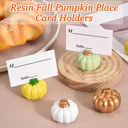 PATIKIL Pumpkin Place Card Holders, (4Set, Green) Mini Resin Pumpkin Table Number Stands with Card, Fall Table Decor Suit for Thanksgiving/Weddings/Banquet/Thanksgiving/Autumn Party Decor