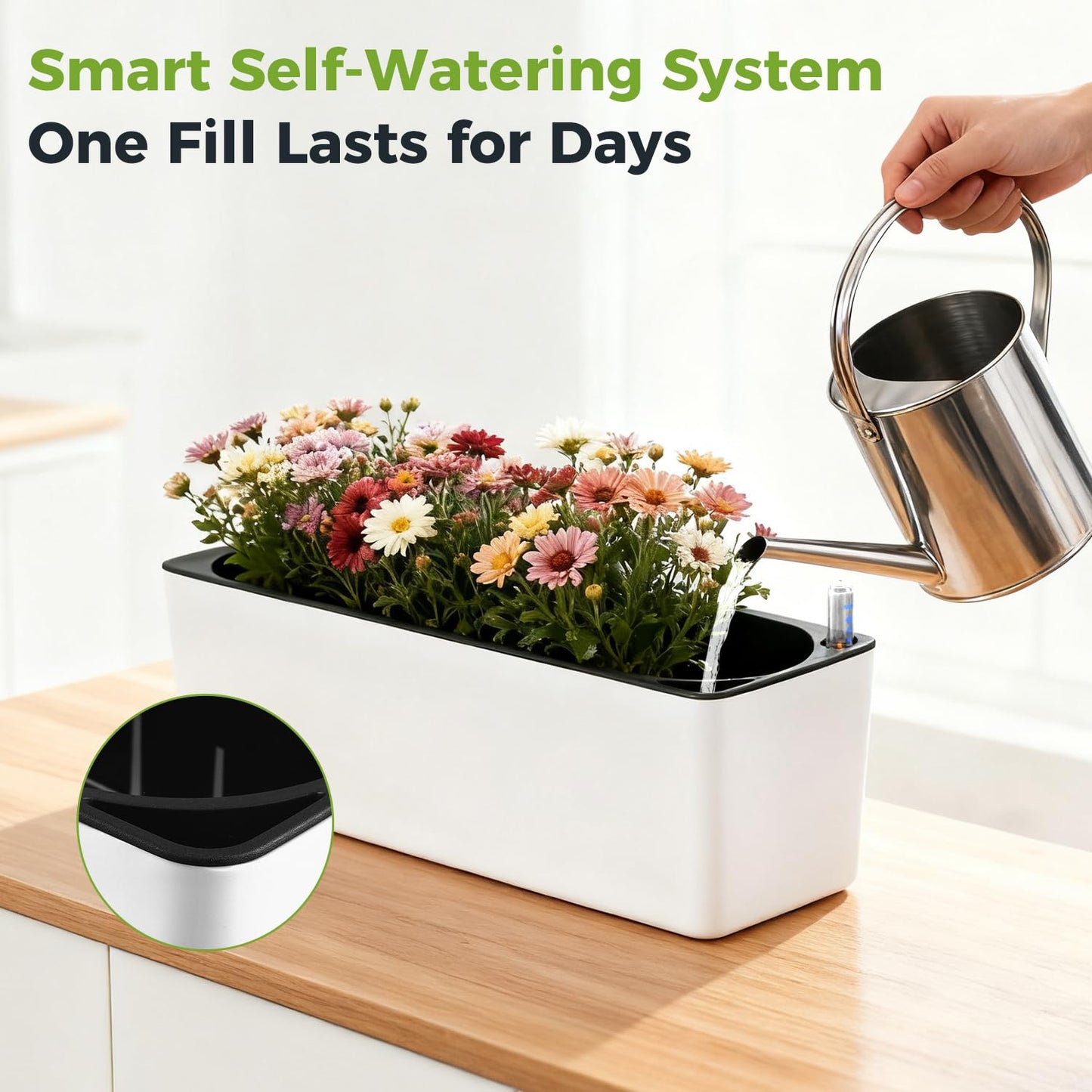 2 Pack Rectangular Planter 15.6 x 5.4 in Self Watering Planter Window Sill Planters Indoor Rectangle Plant Pot Self Watering Pots Plastic Plant pots with Drainage Holes Black Flower Pot
