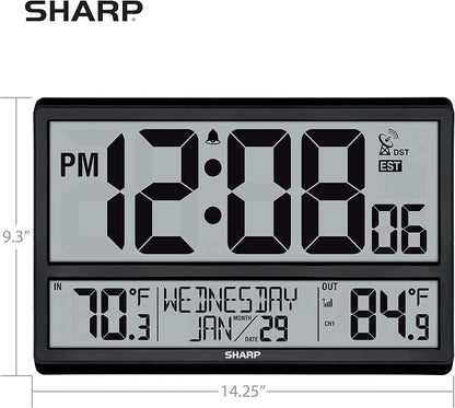 Sharp Atomic Clock - Never Needs Setting! –Easy to Read Numbers - Indoor/Outdoor Temperature, Wireless Outdoor Sensor - Battery Powered - Easy Set-Up (4" Numbers)
