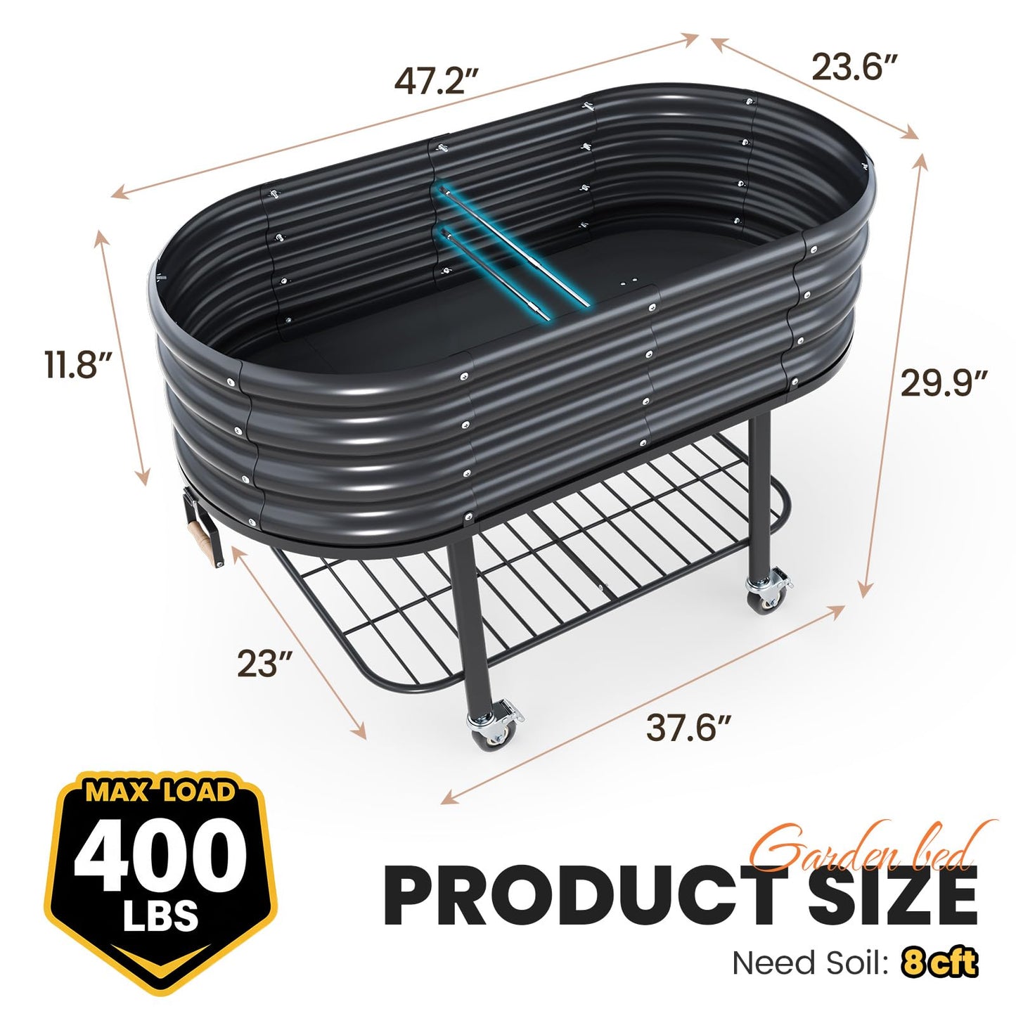 KING BIRD Large Raised Garden Bed with Legs Galvanized Elevated Planter Box 47.2x23.6x29.9 in for Backyard, Patio, Balcony, Dark Grey