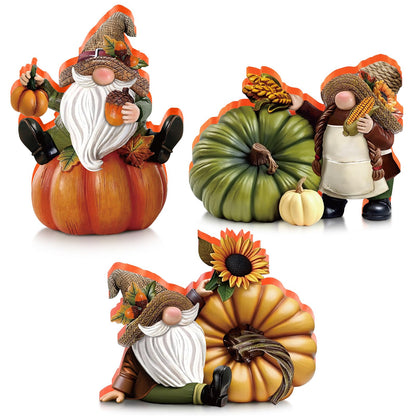 DoubleFill 3 Pcs Thanksgiving Gnome Figurines Fall Gnome Decor Fall Pumpkin Figurines Bulk Wooden Harvest Autumn Figurine Decorations for Thanksgiving Gifts Party Home Table Decor