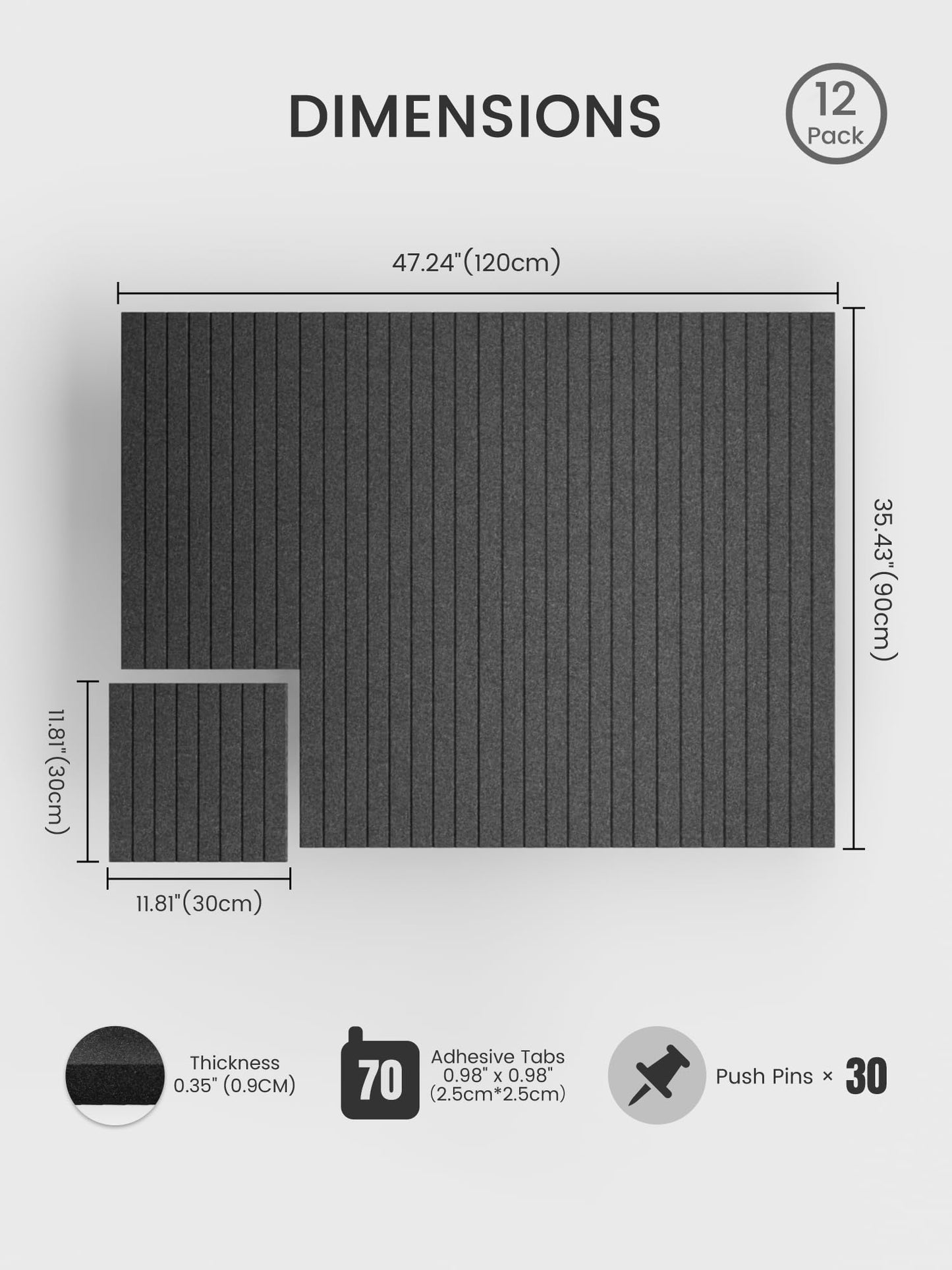 Bumusty Large Cork Board Alternative-48 x 36" Felt Bulletin Board Tiles, with 30 Pushpins, 70 Adhesive Tabs, Fine-Stripe 12-Pack, Cork Boards for Office Push Pin Board Felt Board-Charcoal Gray