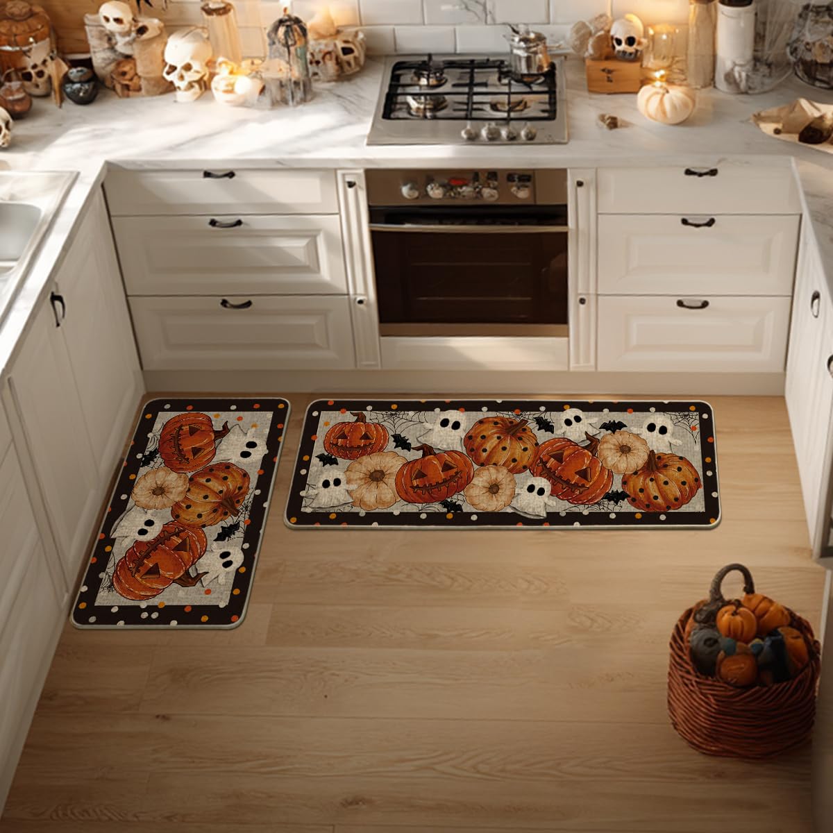Artoid Mode Black Ghost Spooky Jack-O'-Lantern Pumpkin Halloween Kitchen Mats Set of 2, Low-Profile Home Decor Kitchen Rugs for Floor - 17x29 and 17x47 Inch