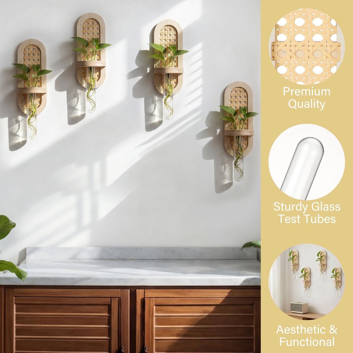 Singhoow 4 Pcs Wooden Rattan Wall Propagation Vases 8 Inch Wood Wall Vase Set Natural Boho Hanging Plant Flower Display for Hydroponics Plants Home Office Living Room Decor