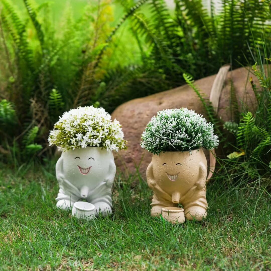 Smily Face Planter Pots, Cute Resin Flower Head Succulent Planters for Indoor Outdoor Plants with Drainage Hole, Novelty Cute Cactus Face Pots Funny Office Desk Plant Pots Gift
