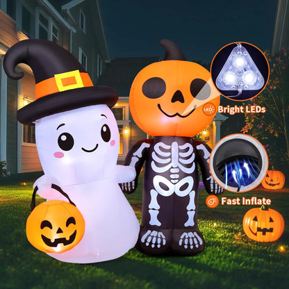 GOOSH 5.4FT Halloween Inflatables Outdoor Decoration Blow Up Yard Cute Ghost and Skull Pumpkin with Built-in LEDs for Indoor Party Garden Lawn Holiday Decor