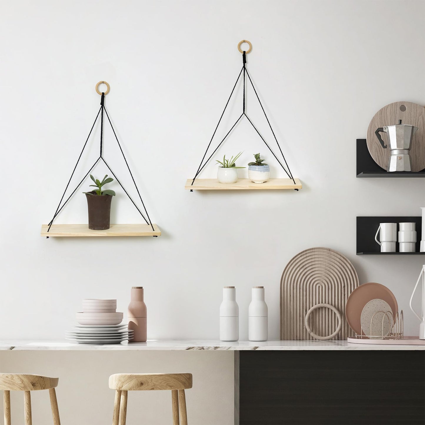 HVEST Macrame Wall Hanging Shelf Set of 2, Black Geometric Macrame Wall Art Wooden Floating Hanging Shelf Black Woven Decor Plant Hanger Handmade Woven Tapestry for Bedroom Living Room Home Decor