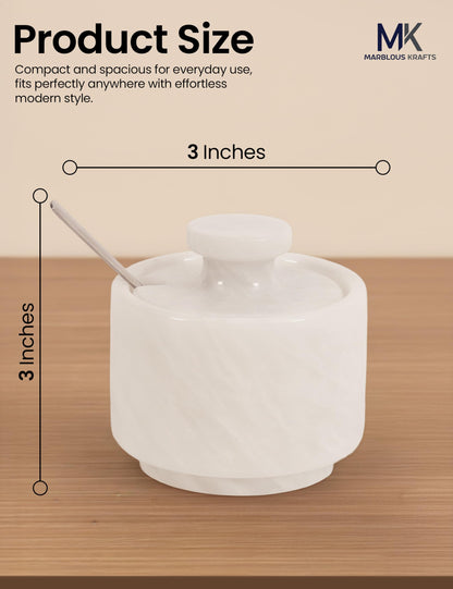 MARBLOUS KRAFTS Marble Salt Cellar 3" Inch White Celtic Salt, Seasoning Containers for Kitchen Decor, Set of 2 Spice Jars, Countertop Storage, Sugar Bowl with Lid and Spoon, Ideal Gift for New Home