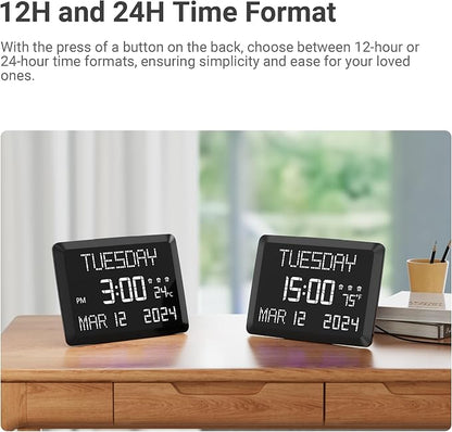 11.5” Extra Large Digital Wall Clock with Date and Day of Week , Electric Desk Clock for Seniors, Large Display Alarm Clock for Bedroom with Battery Backup, 5 Dimmer, 2 USB Ports, Indoor Temp, 12/24H