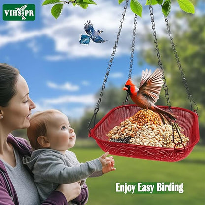 Hanging Bird Feeder for Outdoors – 11 in Square Metal Mesh Bird Feeder Tray Platform for Wild Birds, Red