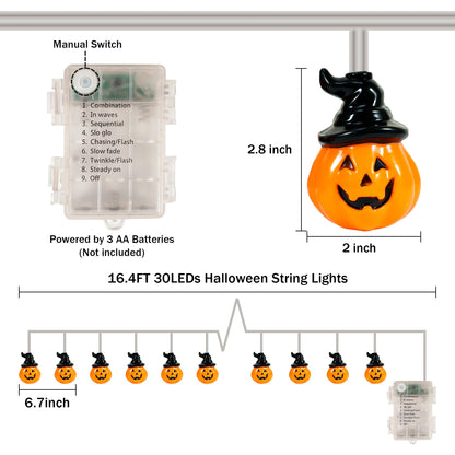 XSIEDVP Remote Control Halloween Pumpkin String Lights - 30LED 16.4Ft with Witch Hat | Waterproof Outdoor/Indoor, 8 Modes + Timer, Pet-Friendly | Warm Orange Fall & Party Decor for Patio, Yard