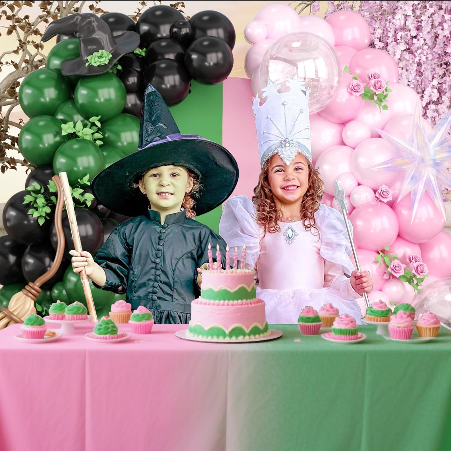 Pink Green Black Balloon Arch Kit, 153 Pcs Wick Balloons with Iridescent Exploding Star Balloons for Princess Witch Birthday Themed Party Decorations Fairy Wonderlad Party Supplies