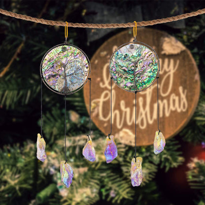 rockcloud Abalone Shell Tree of Life Christmas Ornament with Titanium Coated Crystals Points Pendant Hanging Tree Ornament for Window Wedding Home Decor, Yellow & Purple