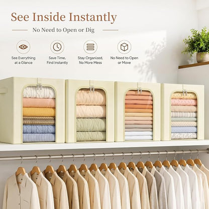 GoMaihe Clothes Storage Bins with Metal Frame, 40L Sweater Storage Boxes for Above Shelf Closet, 4 Pack Stackable Clothing Storage Organizer with Clear Window for Jeans Hoodies T-shirt – Beige