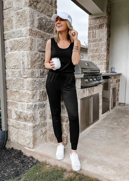 PRETTYGARDEN Women's Two Piece Outfit Sets Casual Summer Sleeveless Crewneck Tops and Sweatpants Active Tracksuit Lounge Wear (Black,Large)