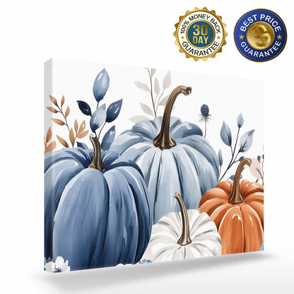 Prime Leader Fall Canvas Wall Art - Thanksgiving Blue Leaves Pumpkin White Background - Modern Wall Decor Gallery Canvas Wraps Giclee Print Stretched and Framed Ready to Hang - 16" x 20"