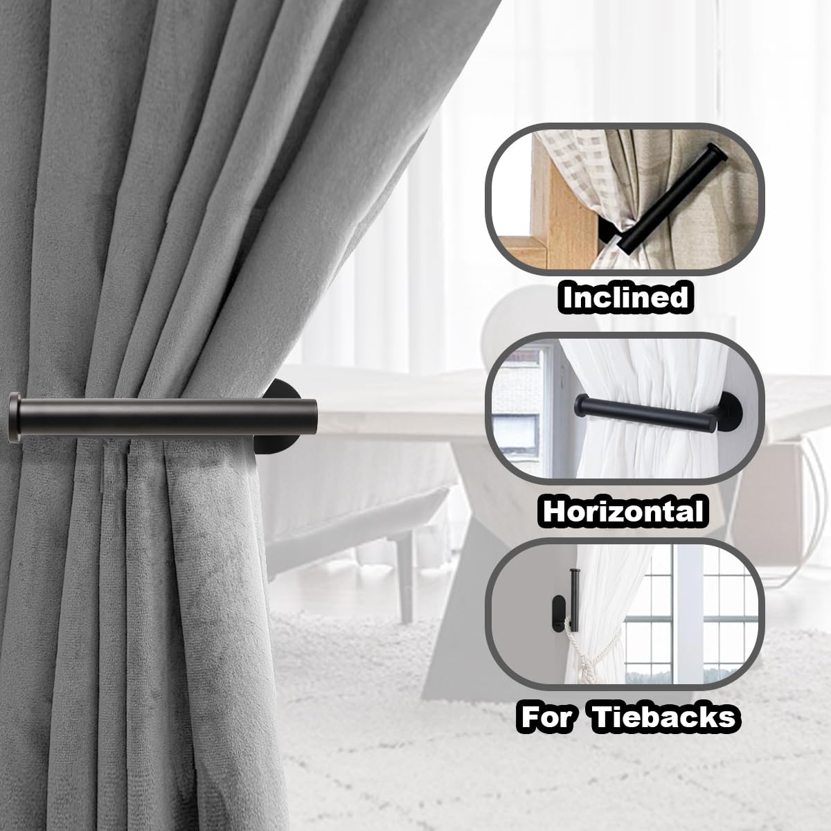 Metal Curtain Holdbacks - Self-Adhesive Curtain Pull Backs, Curtain Hooks - No Drill Curtain Drapery Tiebacks Holders for Windows, Doors - Multi-Purpose Hooks for Home - Set of 4