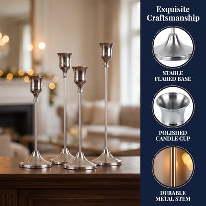 Oakernel Silver Taper Candle Holders 4 Sets(12 Pcs) - Tall Metal Candlestick Holders for Table Centerpiece, Formal Dinner, Wedding, Fireplace Mantel Decor, Fits 3/4 Inch Thick Candles