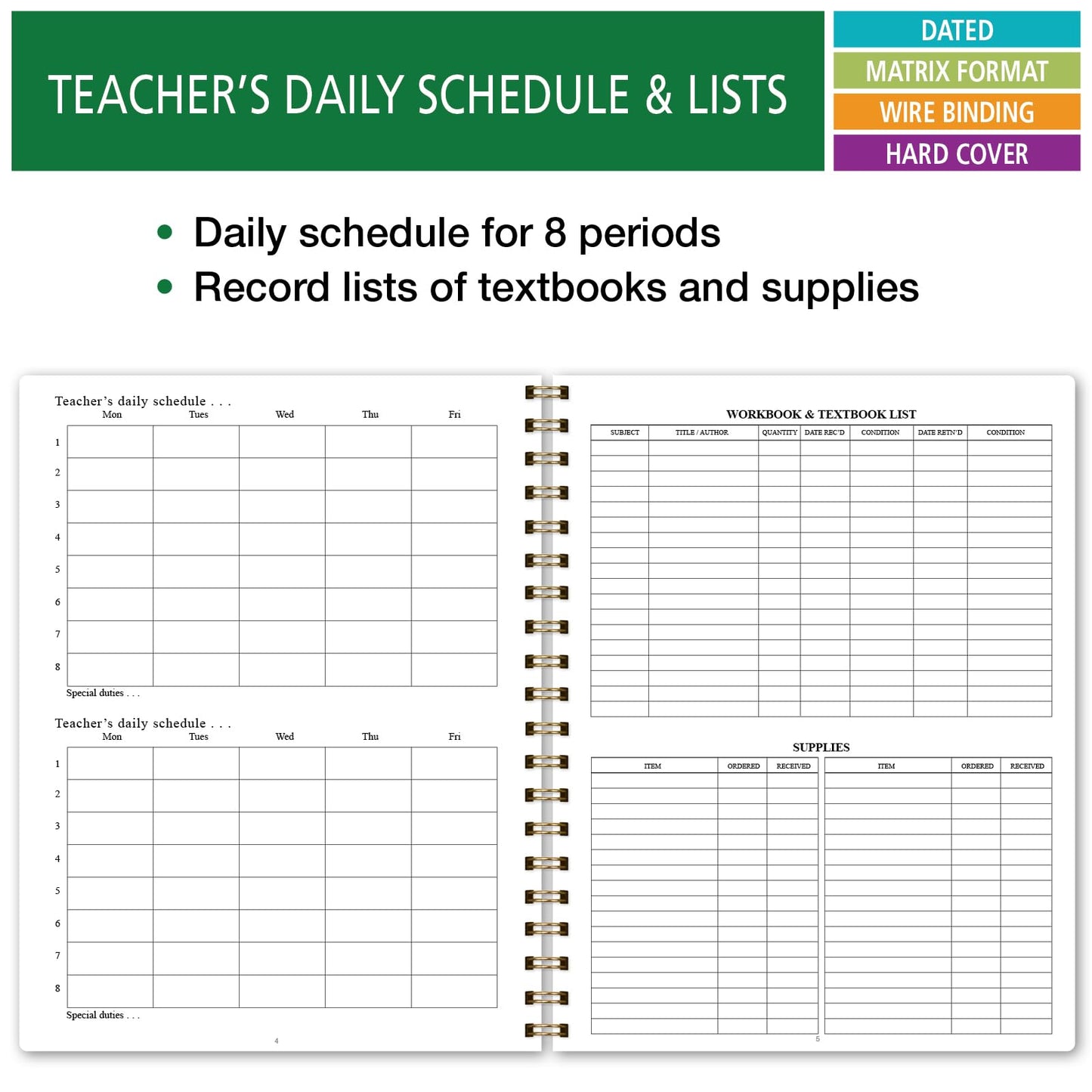 Elan Publishing Company HARDCOVER 7 Period Dated Teacher Lesson Plan; Days Horizontally Across The Top Dated for 2026-2027 Academic Year with Bonus Clip-in Bookmark (Black Tree Seasons)