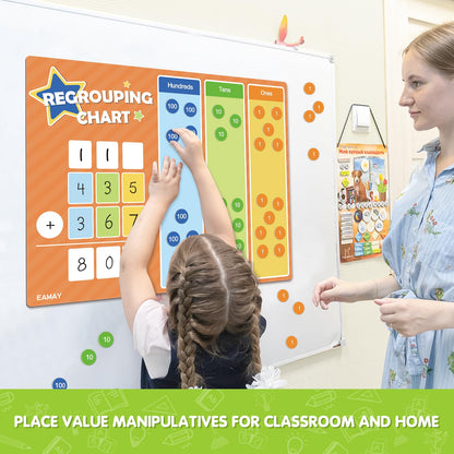 EAMAY Regrouping Base Ten Place Value Manipulatives, Addition and Subtraction Math Manipulatives for 1st 2nd 3rd Grade Classroom Must Haves! Kit with Magnetic Dry Erase Board and Magnetic Chips.