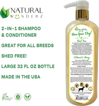 Pet Shampoo & Conditioner, Shed Free 2-in-1, Oatmeal and Honey, Organic, Hypoallergenic, Vegan, Natural Extract, for Healthy Skin & Coat, 32 Fl Oz, for Dry Itchy Skin, All Breeds, by Natural Wunderz