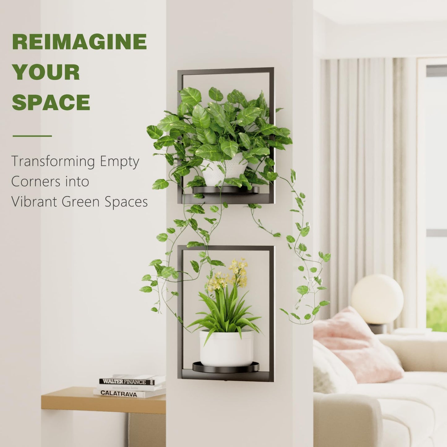 Qiaogreen Hanging Planters for Indoor Plants - Aesthetic Photo Frame Style Wall Plant Holder - Metal Window Plant Shelves, Wall Plant Hanger for Lingving Room Home Gardening Wall Decor (2-Pack)