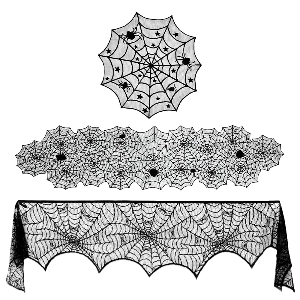 QINYIER 3Pcs Halloween Lace Tablecloths, Black Spiderweb Table Cloths (Rectangle and Round), Fabric Cover for Fireplace, Side Table, Lampshade, Halloween Party Decor
