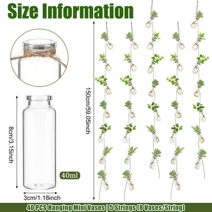 Ferrochef 40 Pcs Hanging Plant Propagation Jars Mini Glass Hanging Planters Glass Hydroponic Plant Cutting Bottles with Rope Window Wall Planter for Indoor Plants Home Decor