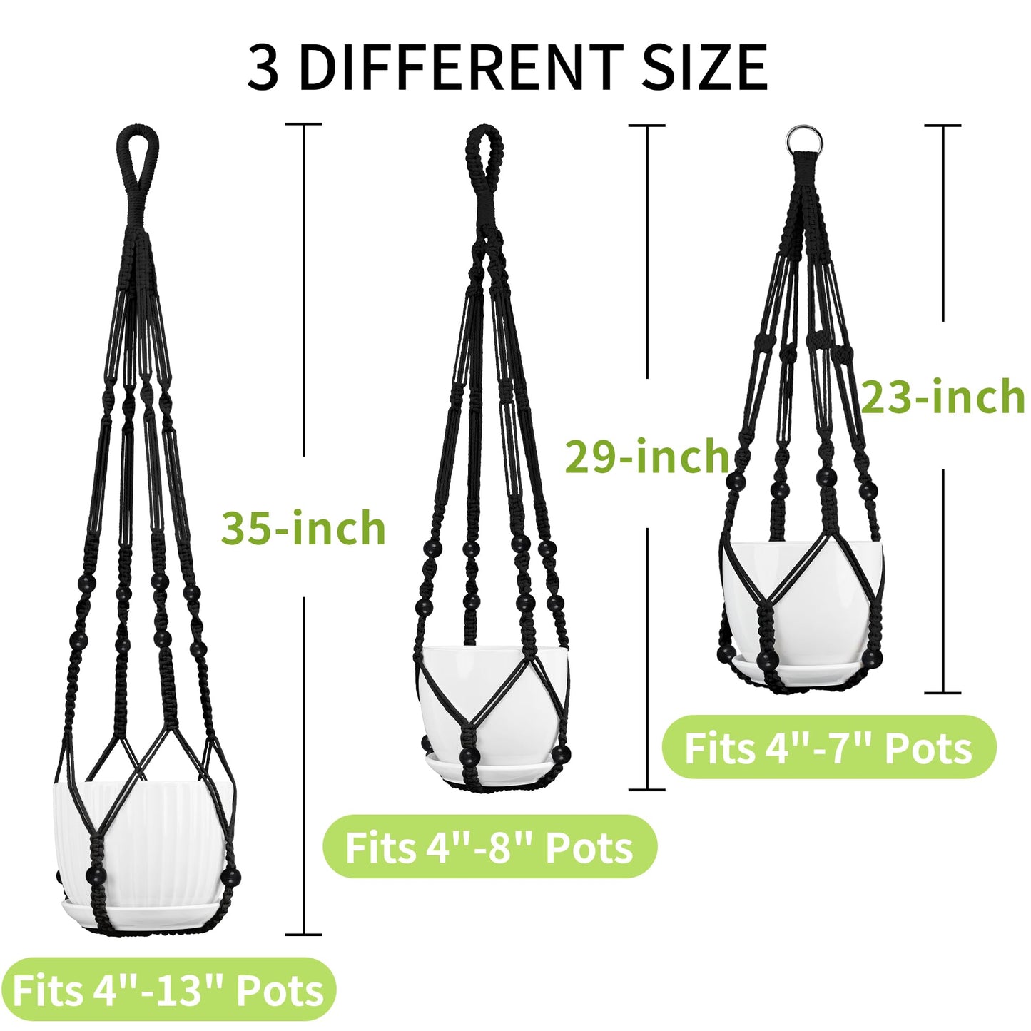 IDEEEPAN Macrame Plant Hanger - Fits 4 to 13 inches Pots for Indoor Outdoor, 35"/29"/23" Different Sizes Set, Black (POTS NOT Included)