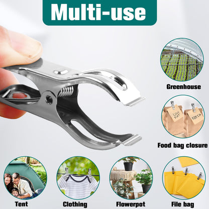 Enjamyo 100 Pack Garden Clips, Stainless Steel Greenhouse Clips for Netting, 2.2 inch Greenhouse Clamps, Heavy Duty Row Cover Clip with a Strong Grip for Plant Cover or Shade Cloth on Garden Hoops