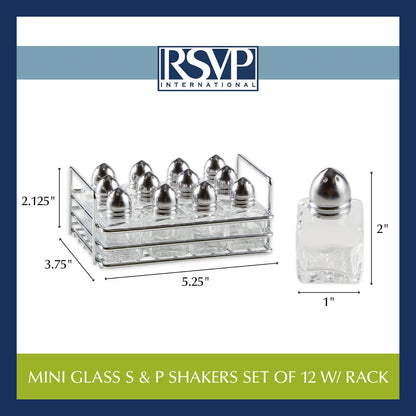 RSVP International Mini Glass Salt & Pepper Set Holder Included, 12 Shakers, Chrome and Stainless Steel
