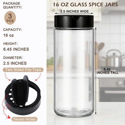 Acellegic 3 Pack 16 oz Glass Spice Jars with Shaker Tops Lids Large Spice Bottle with Lids for Kitchen, Herbs, Sugar, Pantry Herb Salt Pepper Storage (Round)