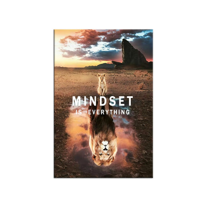 Inspirational Canvas Painting Small Cat and Big Lions Mindset is Everything Wall Art Cute Animal Poster Prints Wall Pictures for Office Living Room Home Decor Framed Ready to Hang [12''W x 18''H]