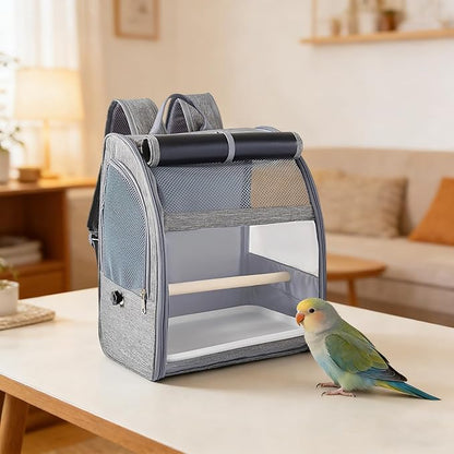Large Parrot Backpack for Cockatiel, Pigeons, Breathable Bird Backpack Carrier, Gray Pet Travel Cage with Mesh Window, Portable Bird Cage with Removable Perch & Tray, 12.2 X 9.6 X 15 in