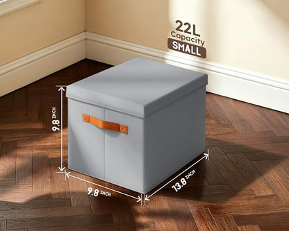 Homsorout Storage Bins with Lids - Fabric Storage Baskets for Shelves, 4 Pack Foldable Decorative Boxes with Handles, Stackable Organizer Bins for Home, Nursery, Dorm, Grey