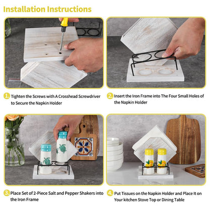 Rustic Farmhouse Napkin Holder Set - Natural Wood Kitchen Organizer with Lemon 2 Salt & Pepper Shakers for Countryside Dining & Minimalist Home Decor (Gift Ready)