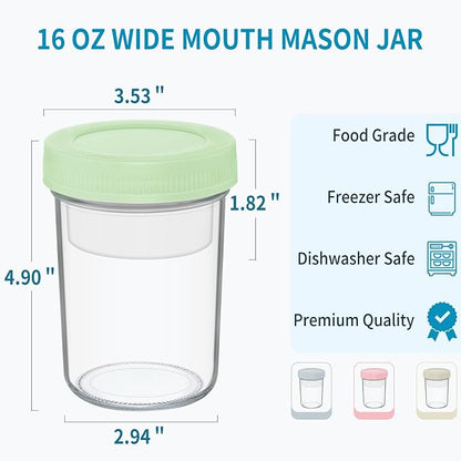 Xyptorix 16 oz Overnight Oats Containers with Airtight Lids - 4-Pack Leak-Proof Wide Mouth Mason Jars & Divided Cups for Dried and Wet Foods, Glass Jars for Chia Pudding, Salad, Snacks, and Yogurt