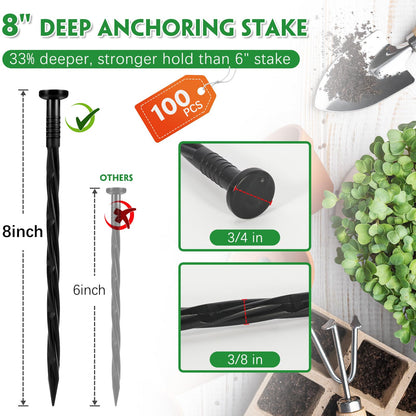 Garaook 100PCS 8-Inch Plastic Landscape Edging Stakes, Spiral Nylon Landscape Spikes, Anchoring Nails for Weed Barrier, Paver Edging, Landscape Edging, Artificial Turf, Grass Pathways, Black