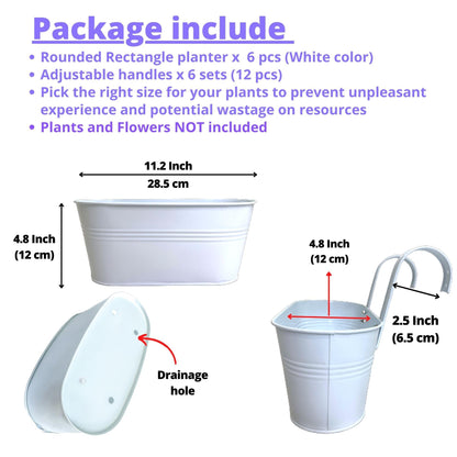 LaLaGreen Rail Planters for Outdoor (6 Pack, 11.2 Inch) White Metal Iron Hanging Flower Pots, Deck Railing Strawberry Planter Fence Bucket Wall Mount Window Box Plant Holder with Hooks Porch Decor