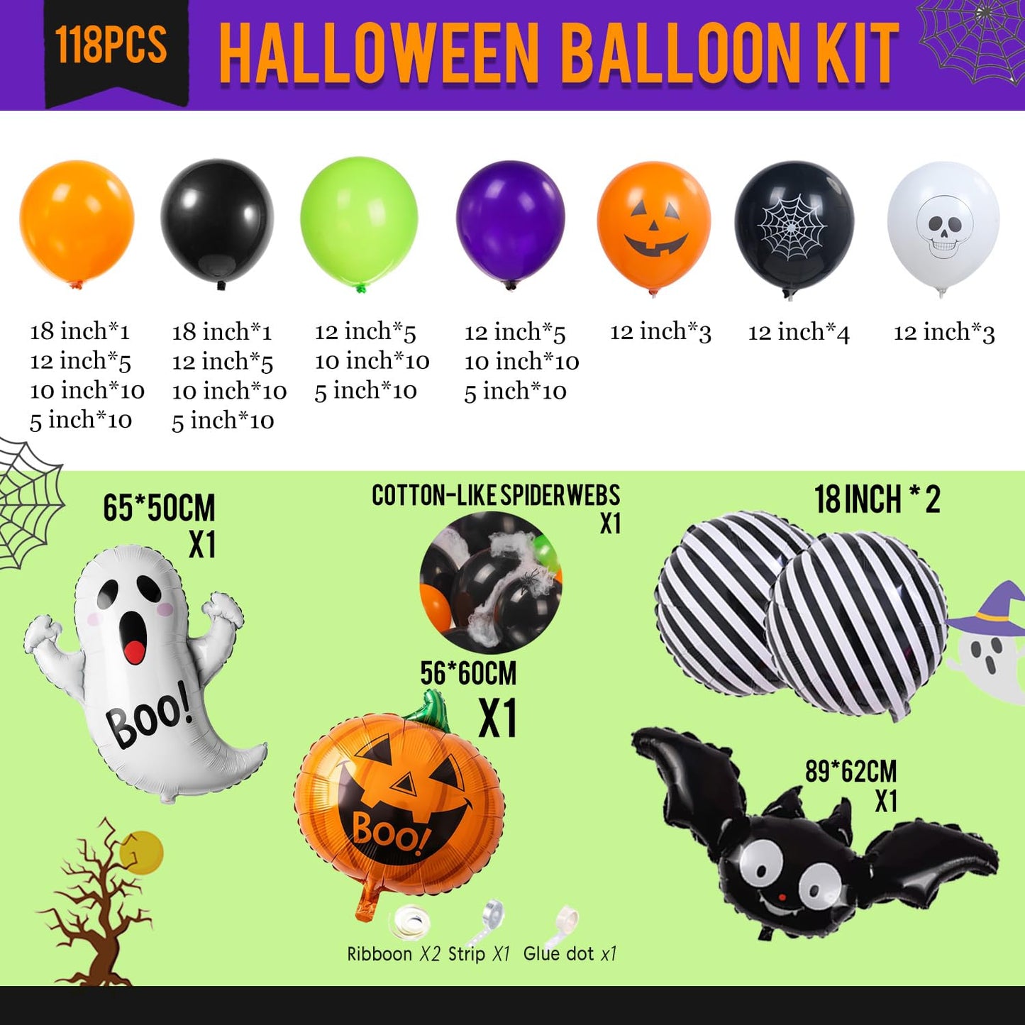 Halloween Party Decorations with Orange Black Green Purple Garland Balloon arch & Spider Web Bat Ghost Pumpkin Stripes Foil Balloons for one spooky dude 1st Horror Night Birthday Supplies