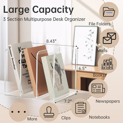 POCFOINY Acrylic Desk Organizer Book Organizer, Magazine File Holder, Vertical File Organizer Stand File Folder Holder, Mail Organizer Countertop Mail Sorter File Sorter, Clear Book Ends Book Holder