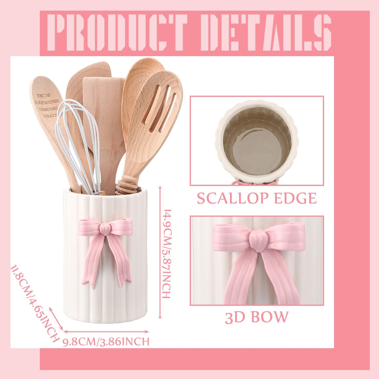 LemonRoad Pink Bow Ceramic Utensil Holder 3D Coquette Handmade Pink Kitchen Decor Gifts for Mom Cooking Utensil Crock with Scalloped Preppy Caddy Pen Holder Vase Back to School