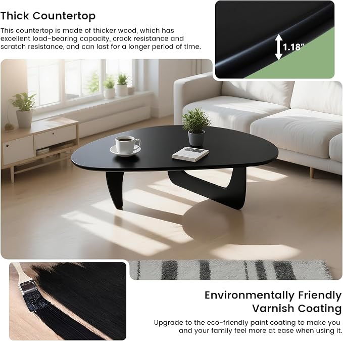 Solid Wood Triangle Coffee Table,Unique Mid Century Modern Oval Coffee Table,Irregular Geometric Tea Tables for Home Living Room with Wooden Tabletop and Reinforced (Black2, 43" L x 31" W x 16" H)