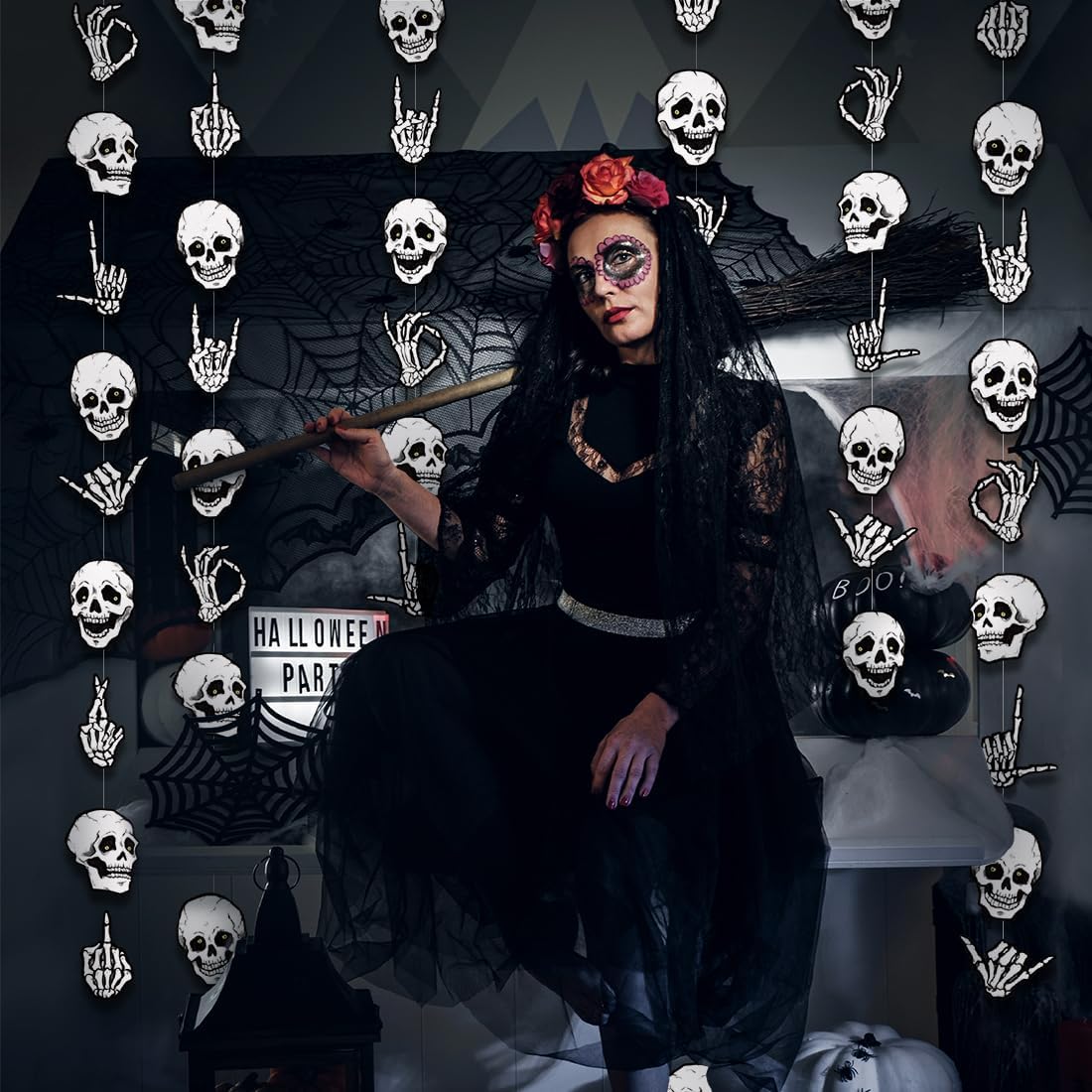 Cheerland Halloween Garland Skull Party Decorations Skeleton Finger for College Banner Spooky Garlands Adult Skeleton Birthday Party Decoration Haunted House Streamers Hanging Teen Dorm Decor 6 Pcs
