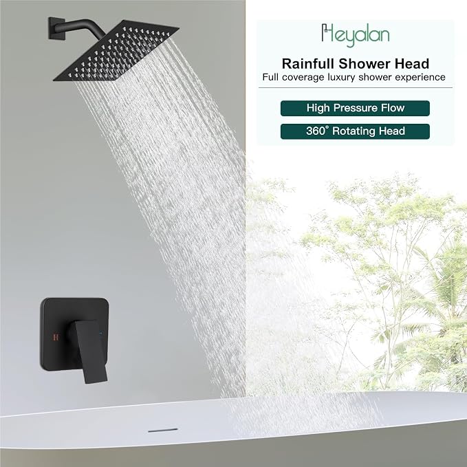 Heyalan Shower Faucet Set with Valve, Bathroom Rainfall Shower System, Wall Mount Single Handle Shower Trim Kit, Rainfall Fixed Shower Head, 8 Inch Square Shower Head, Matte Black