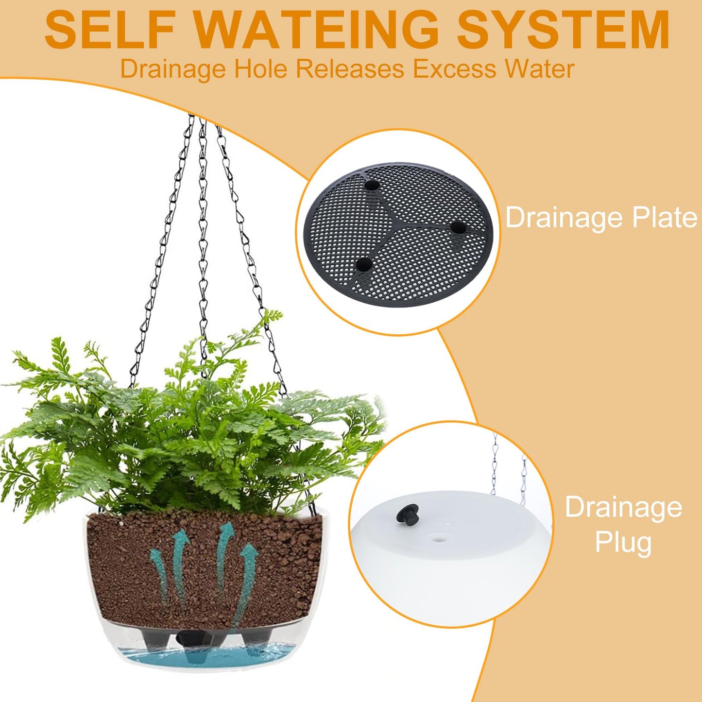 SUNNYPARK 2 Packs Hanging Planters Basket for Outdoor Plants, Solar Powered Self Watering White Round Plastic Flower Pots with Drainer for Balcony Patio Garden Outdoor Decoration