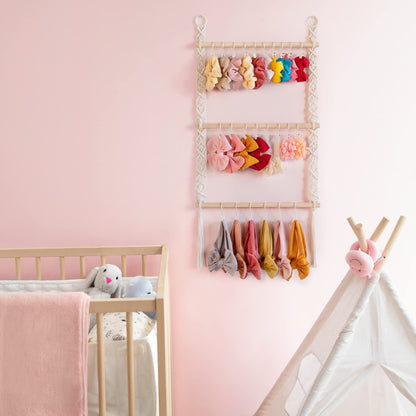 Dahey Hanging Jewelry Organizer Macrame Necklace Holder with 30 Hooks and Headband Holder with 30 Hooks Boho Decor for Baby Girls Room