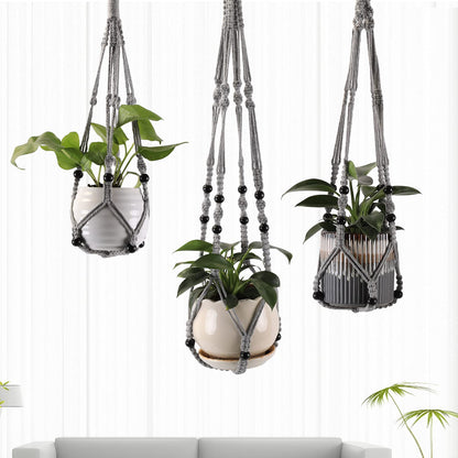 MKO SHUN 3-Pack Macrame Plant Hanger Indoor - Hanging Planter Basket for Indoor Outdoor - Decorative Boho Plant Holders Set with Beads - Ceiling Flower Pot Holder with 6 Hooks - 35"/30"/24" Gray