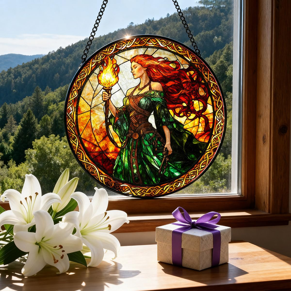 Greatingreat Stained Glass Window Hanging Brigid Goddess, Home Room Decor 7.8 Inch Sun Catchers Indoor Window, Whimsical Decor for Christmas Birthday Gifts for Women